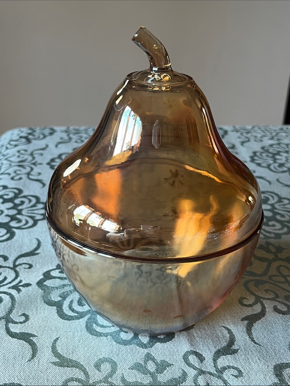 Iridescent Jeanette Amber Festival Glass Pear Trinket Box candy dish